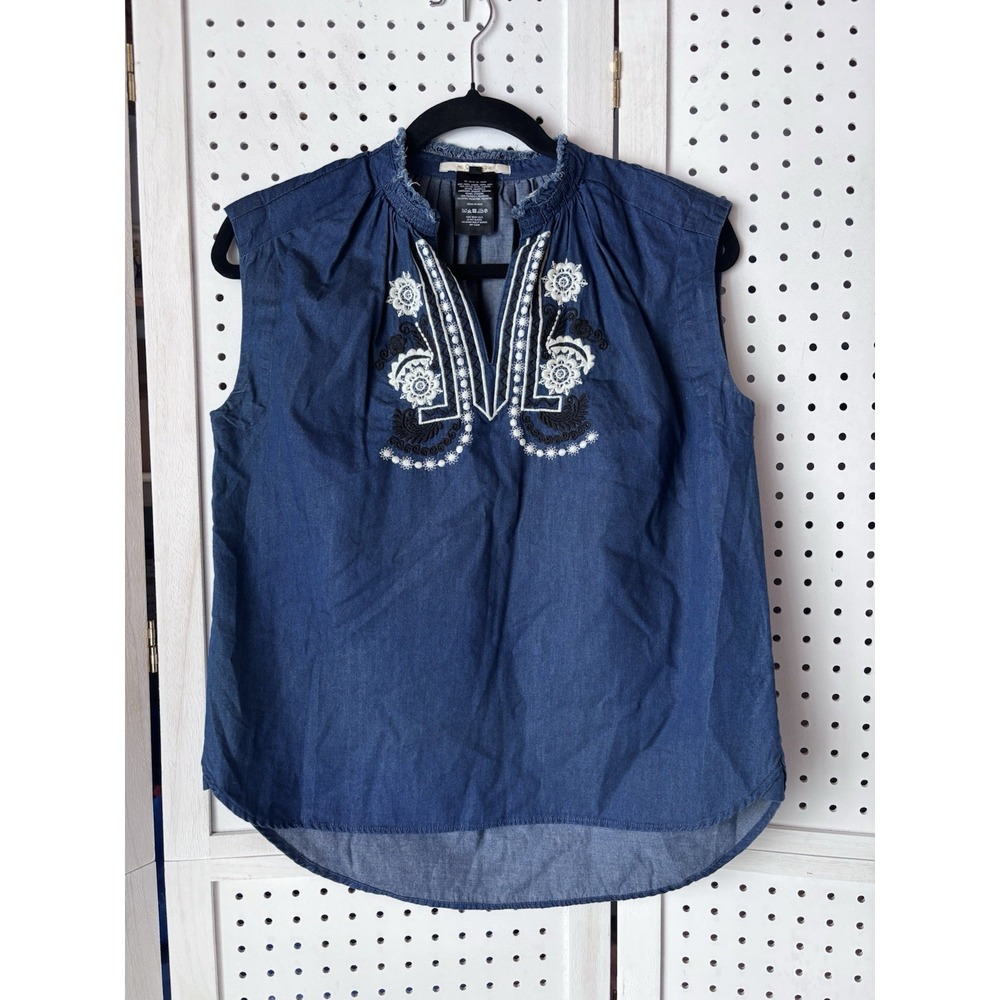 Ne Quittez Pas Denim V Neck Embroidered Tank Top Sleeveless Blouse Women's S